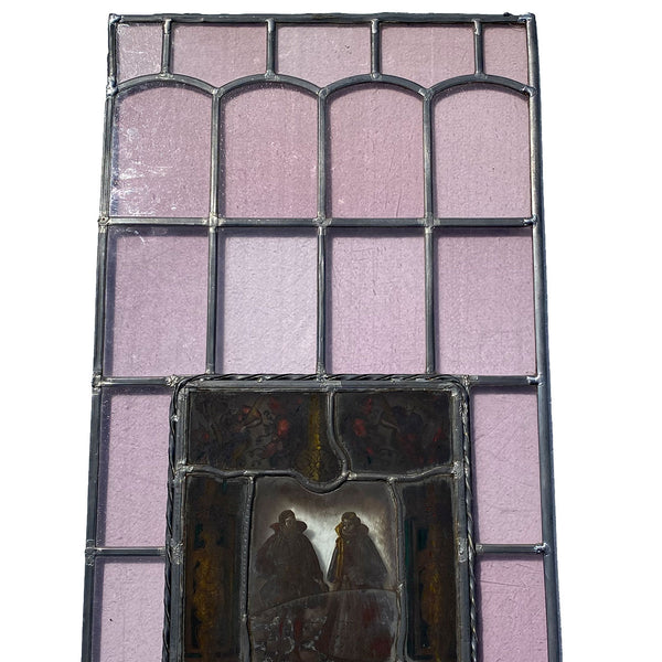 Dutch Medieval Style Stained, Leaded, Painted Glass Couple Window