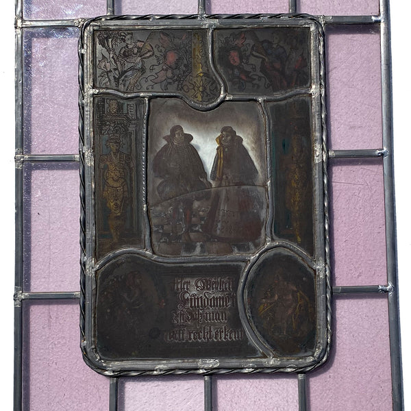 Dutch Medieval Style Stained, Leaded, Painted Glass Couple Window