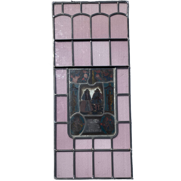 Dutch Medieval Style Stained, Leaded, Painted Glass Couple Window