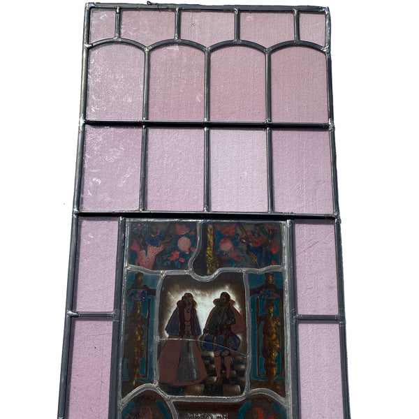 Dutch Medieval Style Stained, Leaded, Painted Glass Couple Window