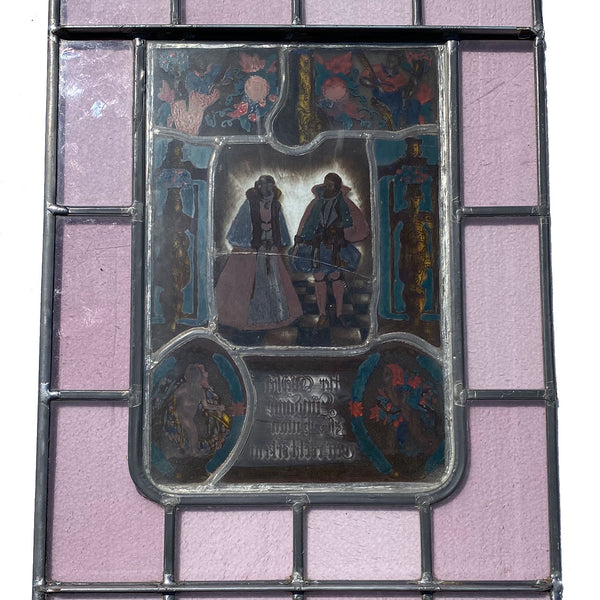 Dutch Medieval Style Stained, Leaded, Painted Glass Couple Window