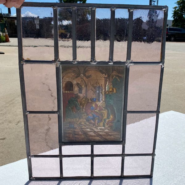 Dutch Medieval Style Stained, Leaded and Painted Tavern Scene Glass Window