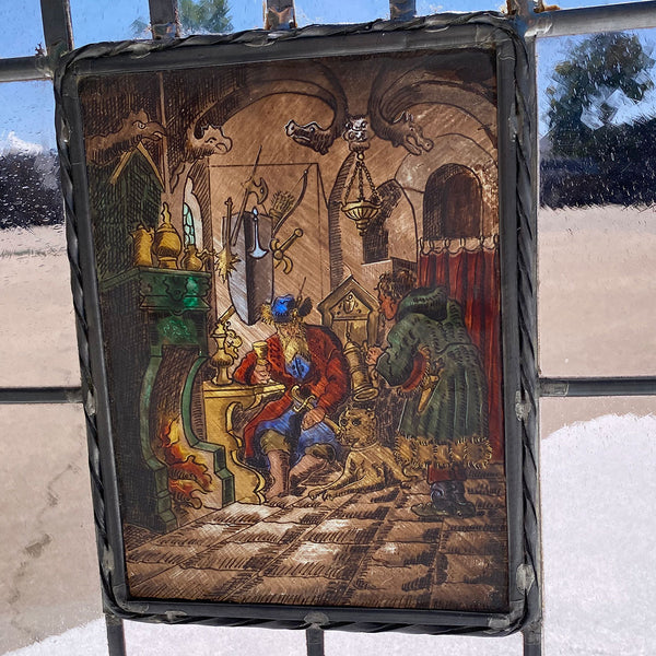 Dutch Medieval Style Stained, Leaded and Painted Tavern Scene Glass Window