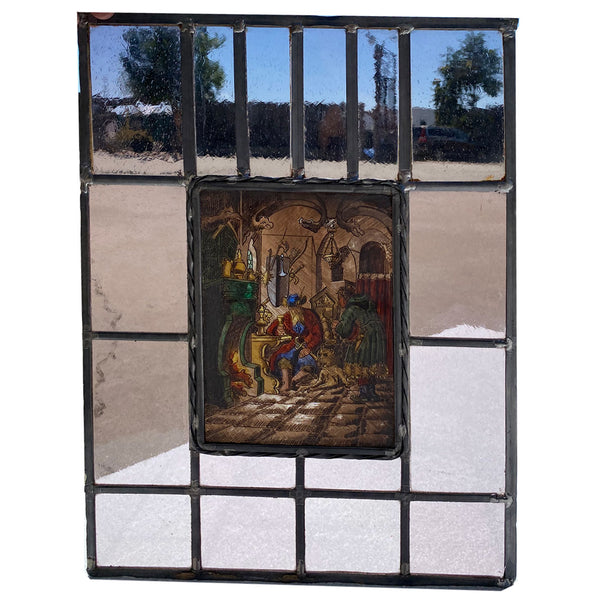 Dutch Medieval Style Stained, Leaded and Painted Tavern Scene Glass Window