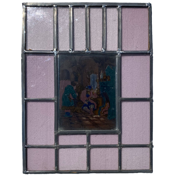 Dutch Medieval Style Stained, Leaded and Painted Tavern Scene Glass Window