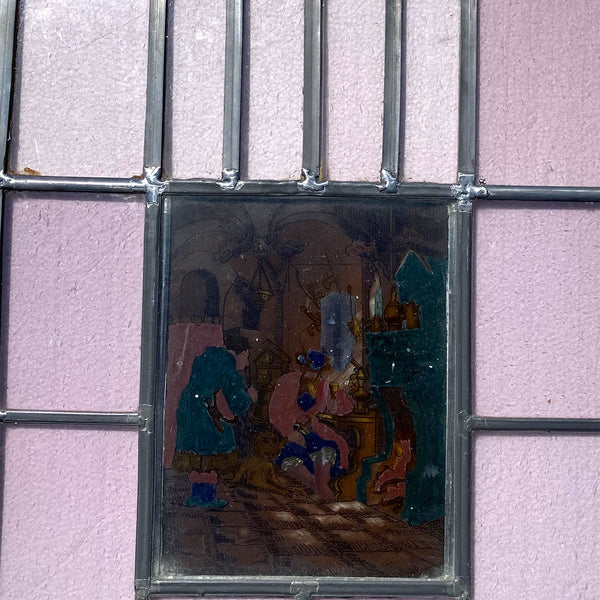 Dutch Medieval Style Stained, Leaded and Painted Tavern Scene Glass Window