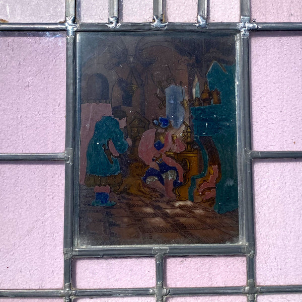 Dutch Medieval Style Stained, Leaded and Painted Tavern Scene Glass Window