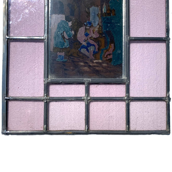 Dutch Medieval Style Stained, Leaded and Painted Tavern Scene Glass Window