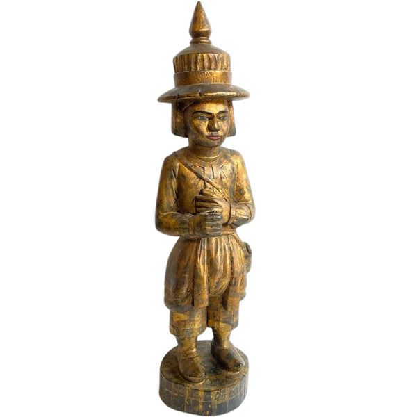 Burmese Folk Art Gilt Carved Wood Nat (Deity) Warrior Statue