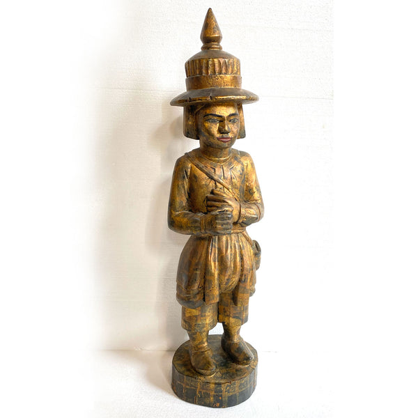 Burmese Folk Art Gilt Carved Wood Nat (Deity) Warrior Statue