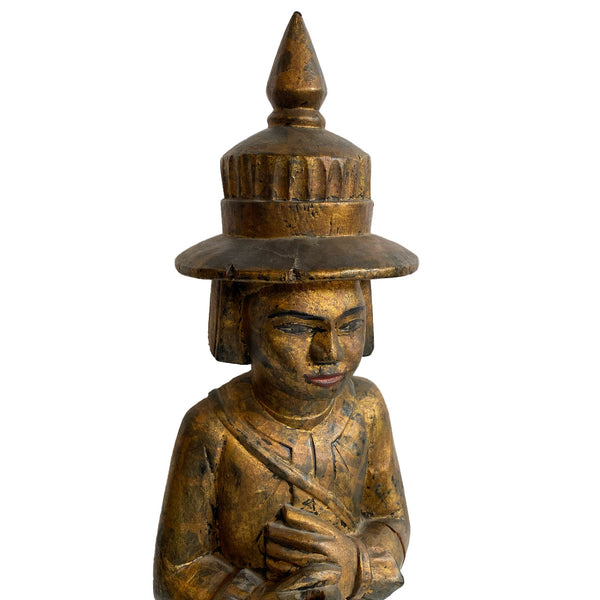 Burmese Folk Art Gilt Carved Wood Nat (Deity) Warrior Statue