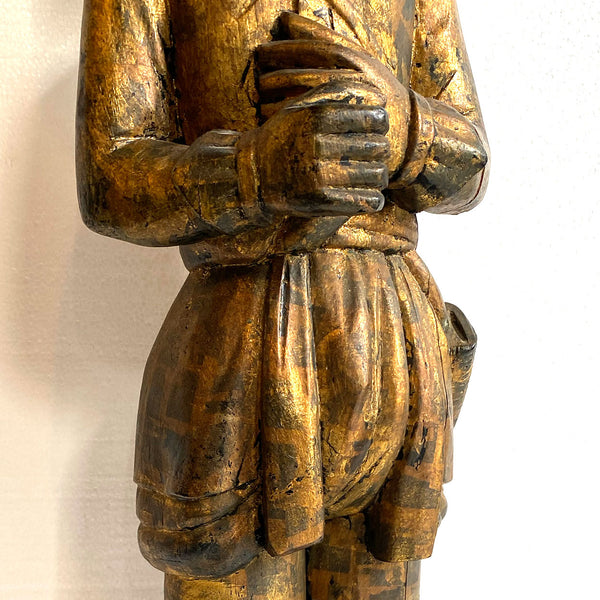Burmese Folk Art Gilt Carved Wood Nat (Deity) Warrior Statue