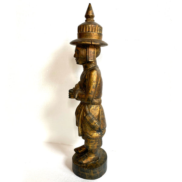 Burmese Folk Art Gilt Carved Wood Nat (Deity) Warrior Statue