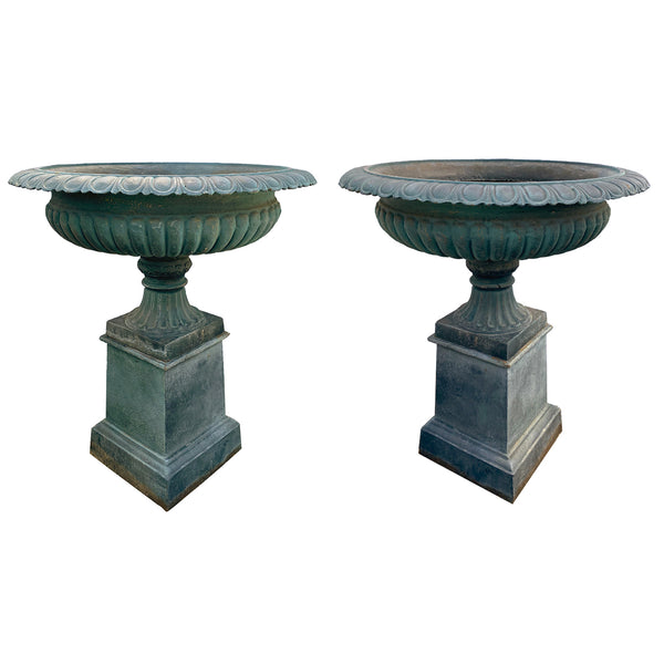 Large Pair Classical Style Painted Cast Iron Garden Urns Planters / Fountains