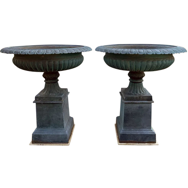 Large Pair Classical Style Painted Cast Iron Garden Urns Planters / Fountains