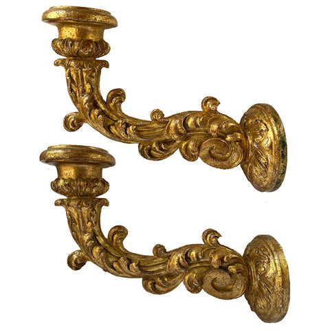 Pair of Italian Baroque Style Giltwood and Gesso Candle Bracket Wall Sconces