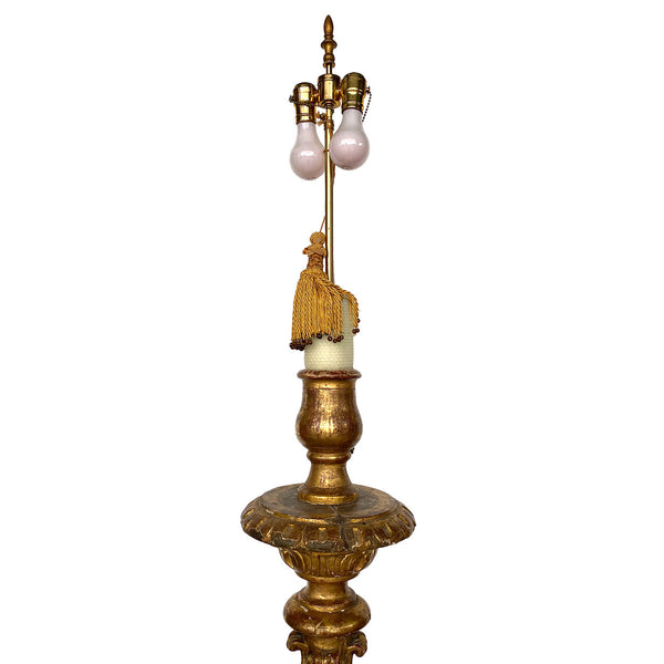 Large Spanish Baroque Giltwood and Marble Torchiere Two-Light Floor Lamp