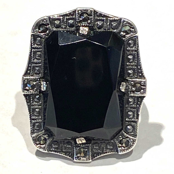 Vintage Art Deco Sterling Silver, Marcasite and Jet Black Stone Lady's Ring