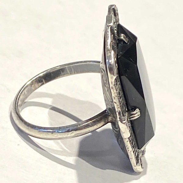 Vintage Art Deco Sterling Silver, Marcasite and Jet Black Stone Lady's Ring
