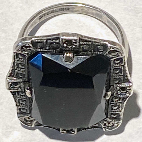 Vintage Art Deco Sterling Silver, Marcasite and Jet Black Stone Lady's Ring