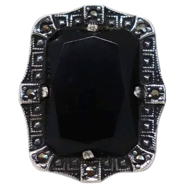 Vintage Art Deco Sterling Silver, Marcasite and Jet Black Stone Lady's Ring