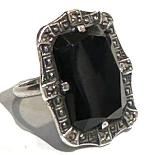 Vintage Art Deco Sterling Silver, Marcasite and Jet Black Stone Lady's Ring