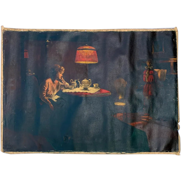 German Oil on Canvas Painting, Evening Tea Time, after Karl Weise
