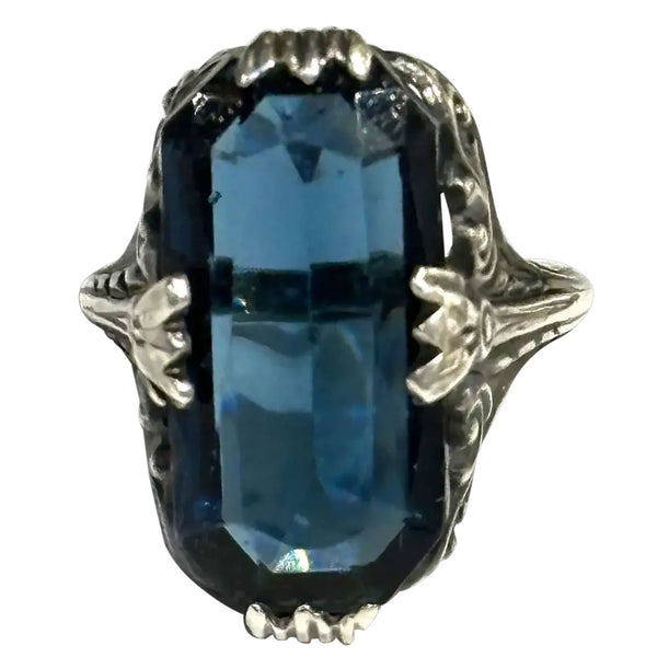 Vintage Art Deco Sterling Silver and Dark Blue Glass Lady's Ring