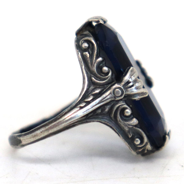 Vintage Art Deco Sterling Silver and Dark Blue Glass Lady's Ring