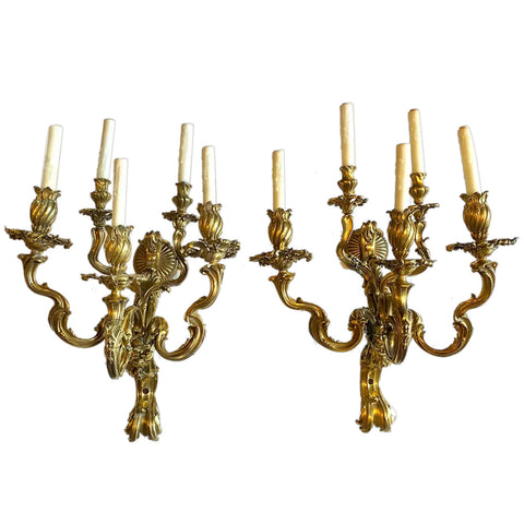 Pair French Rococo Revival Gilt Bronze Five-Light Wall Sconces