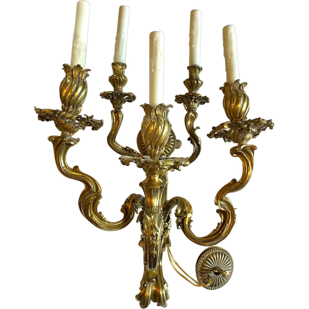 Pair French Rococo Revival Gilt Bronze Five-Light Wall Sconces