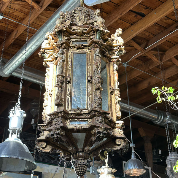 Large Venetian Gilt Gesso, Pine, Glass Eight-Light Pendant Lantern