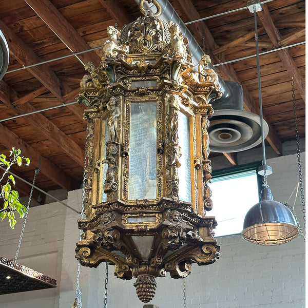 Large Venetian Gilt Gesso, Pine, Glass Eight-Light Pendant Lantern