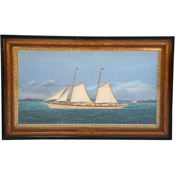 THOMAS H. WILLIS Oil and Silk Needlework Painting, Golden Rod Steam Yacht Portrait