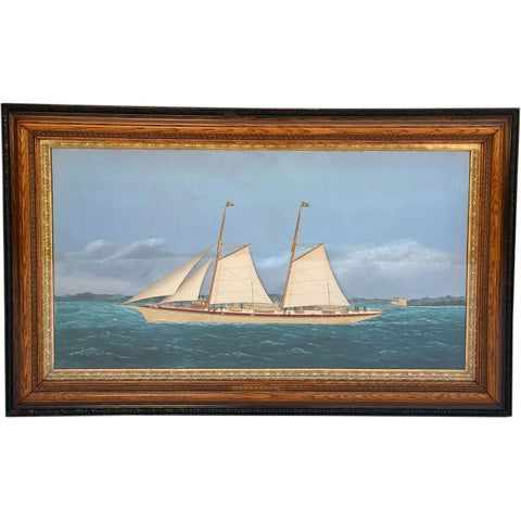 THOMAS H. WILLIS Oil and Silk Needlework Painting, Golden Rod Steam Yacht Portrait