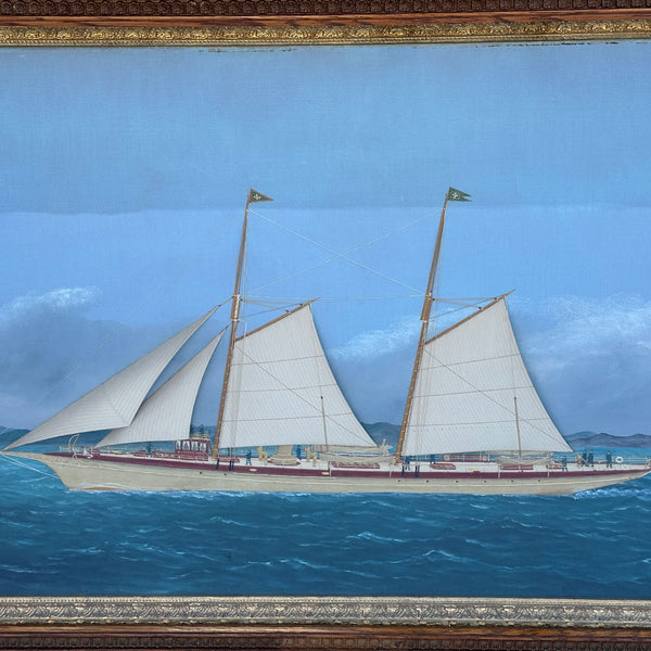 THOMAS H. WILLIS Oil and Silk Needlework Painting, Golden Rod Steam Yacht Portrait