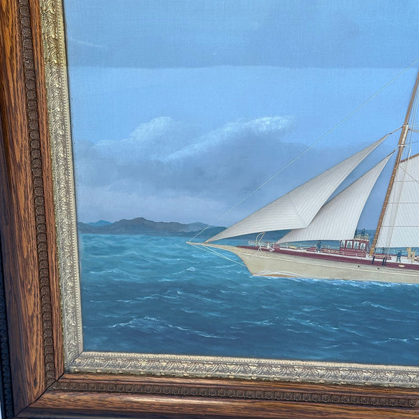 THOMAS H. WILLIS Oil and Silk Needlework Painting, Golden Rod Steam Yacht Portrait