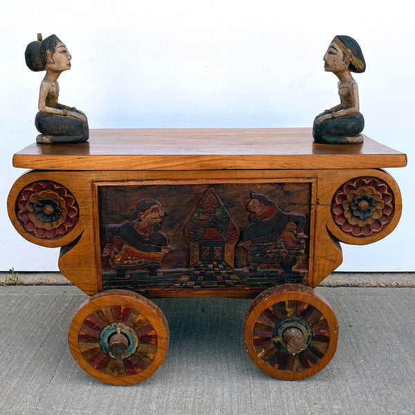 Indonesian Folk Art Painted Teak Figural Wheeled Cart
