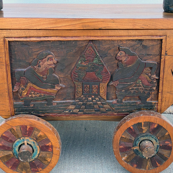Indonesian Folk Art Painted Teak Figural Wheeled Cart