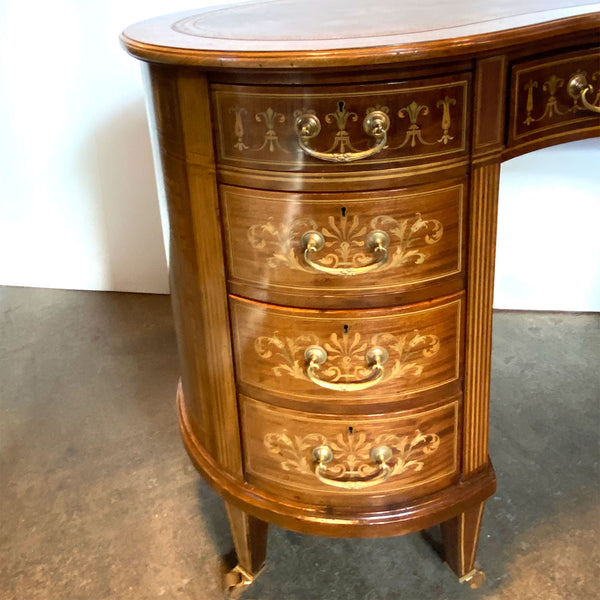 Fine English Maple & Co. Edwardian Inlaid Rosewood, Satinwood, Leather Kidney Desk