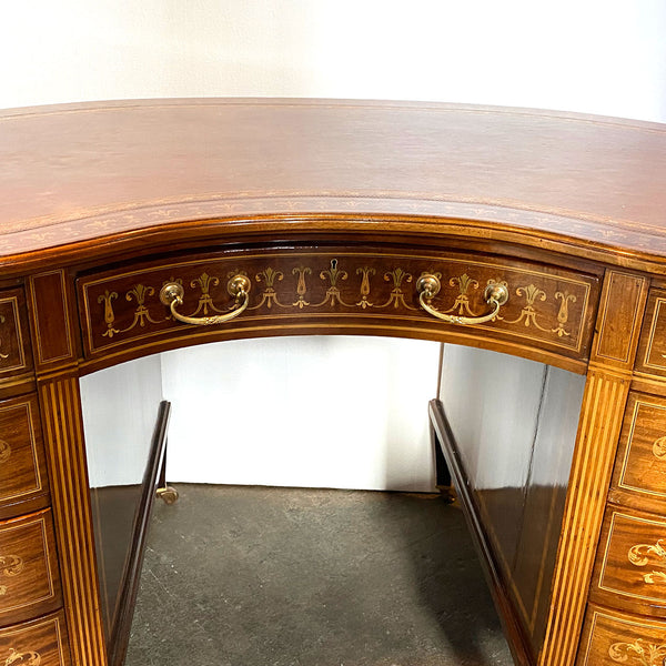 Fine English Maple & Co. Edwardian Inlaid Rosewood, Satinwood, Leather Kidney Desk