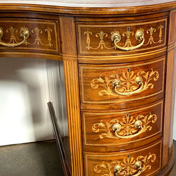 Fine English Maple & Co. Edwardian Inlaid Rosewood, Satinwood, Leather Kidney Desk