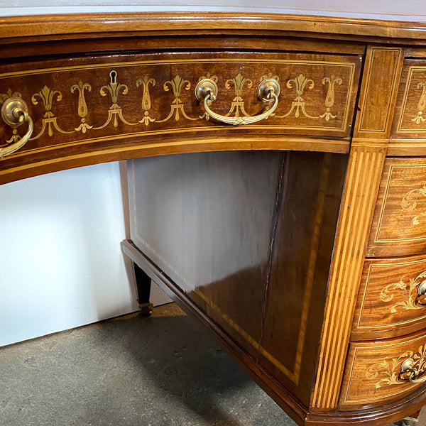 Fine English Maple & Co. Edwardian Inlaid Rosewood, Satinwood, Leather Kidney Desk