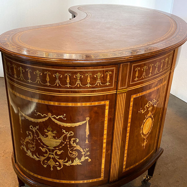 Fine English Maple & Co. Edwardian Inlaid Rosewood, Satinwood, Leather Kidney Desk