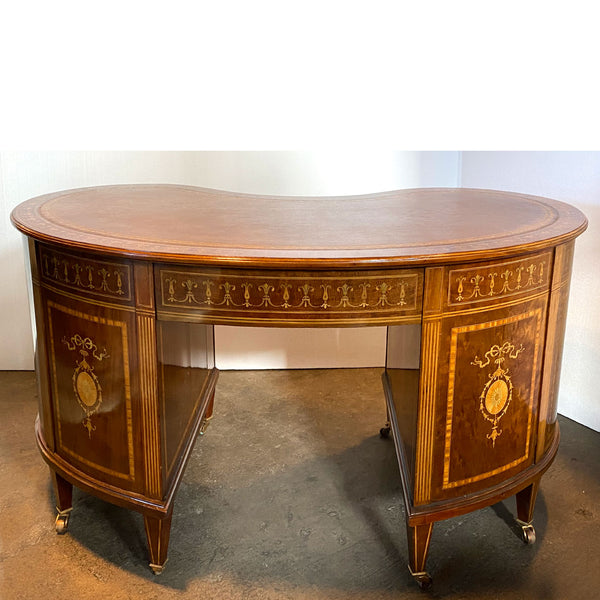 Fine English Maple & Co. Edwardian Inlaid Rosewood, Satinwood, Leather Kidney Desk