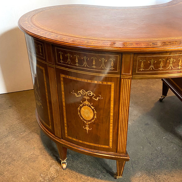 Fine English Maple & Co. Edwardian Inlaid Rosewood, Satinwood, Leather Kidney Desk