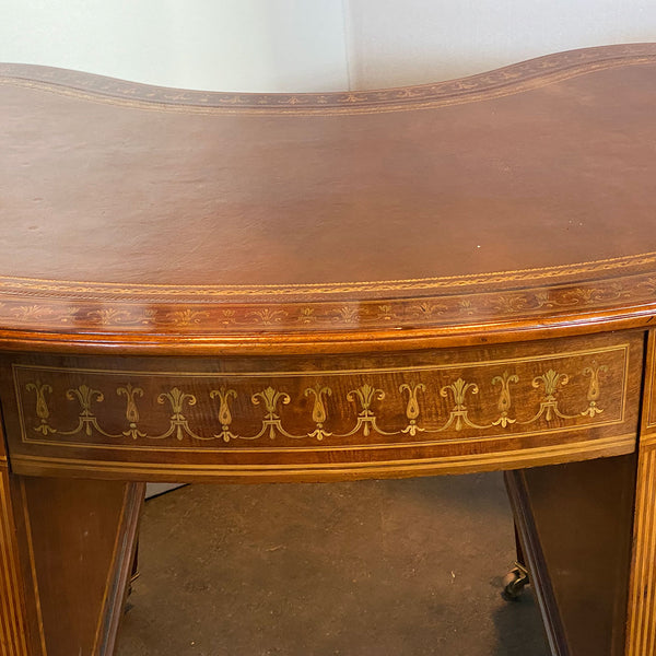 Fine English Maple & Co. Edwardian Inlaid Rosewood, Satinwood, Leather Kidney Desk