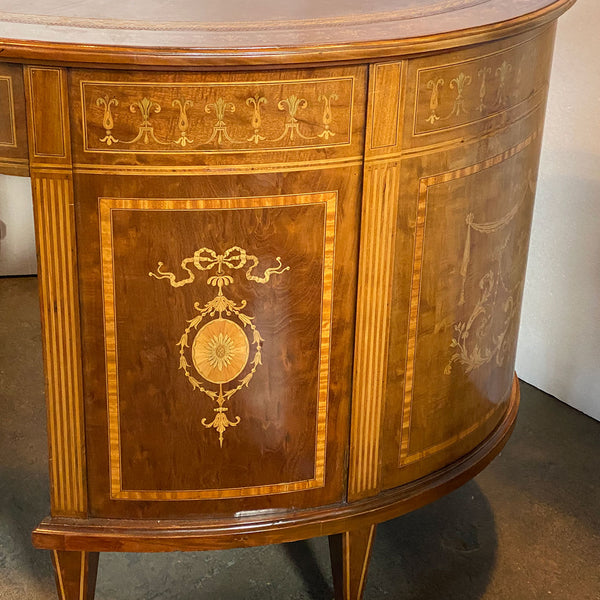 Fine English Maple & Co. Edwardian Inlaid Rosewood, Satinwood, Leather Kidney Desk