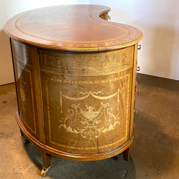 Fine English Maple & Co. Edwardian Inlaid Rosewood, Satinwood, Leather Kidney Desk