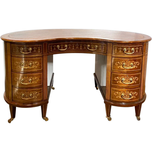 Fine English Maple & Co. Edwardian Inlaid Rosewood, Satinwood, Leather Kidney Desk